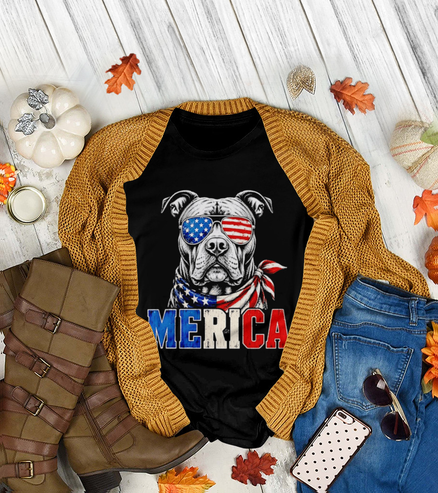 Patriotic Pit Bull Merica Dog With American Flag Sunglasses And Bandana T-Shirt