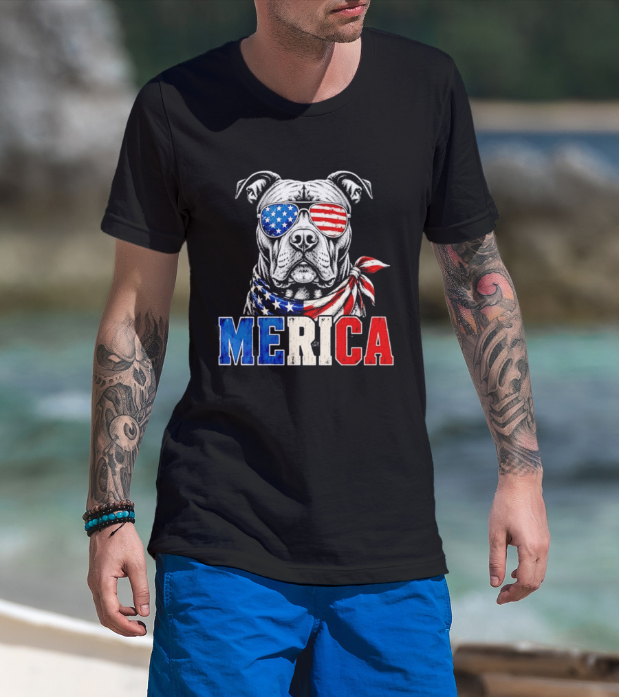 Patriotic Pit Bull Merica Dog With American Flag Sunglasses And Bandana T-Shirt