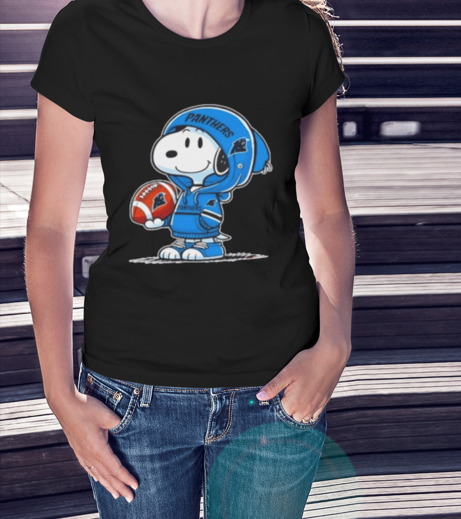 Snoopy Carolina Panthers Fan Holding Football Peanuts T-Shirt