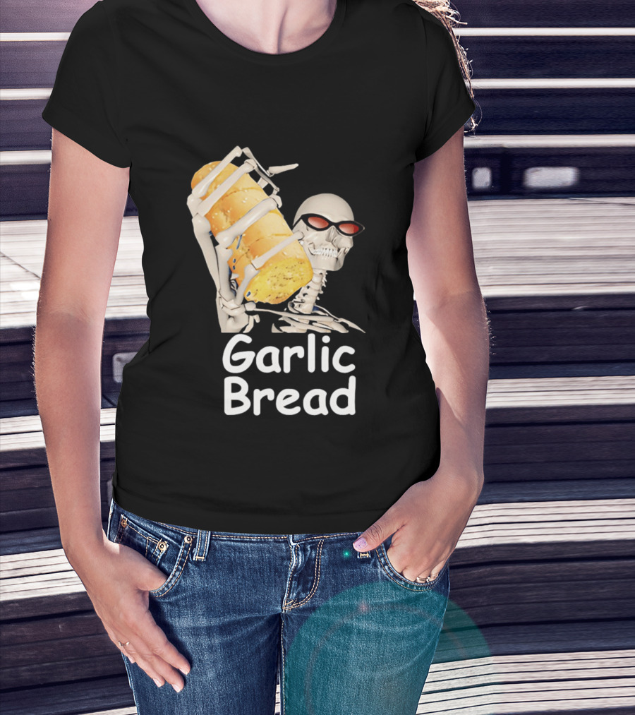 Skeleton Holding Baguette Garlic Bread Wearing Sunglasses T-Shirt