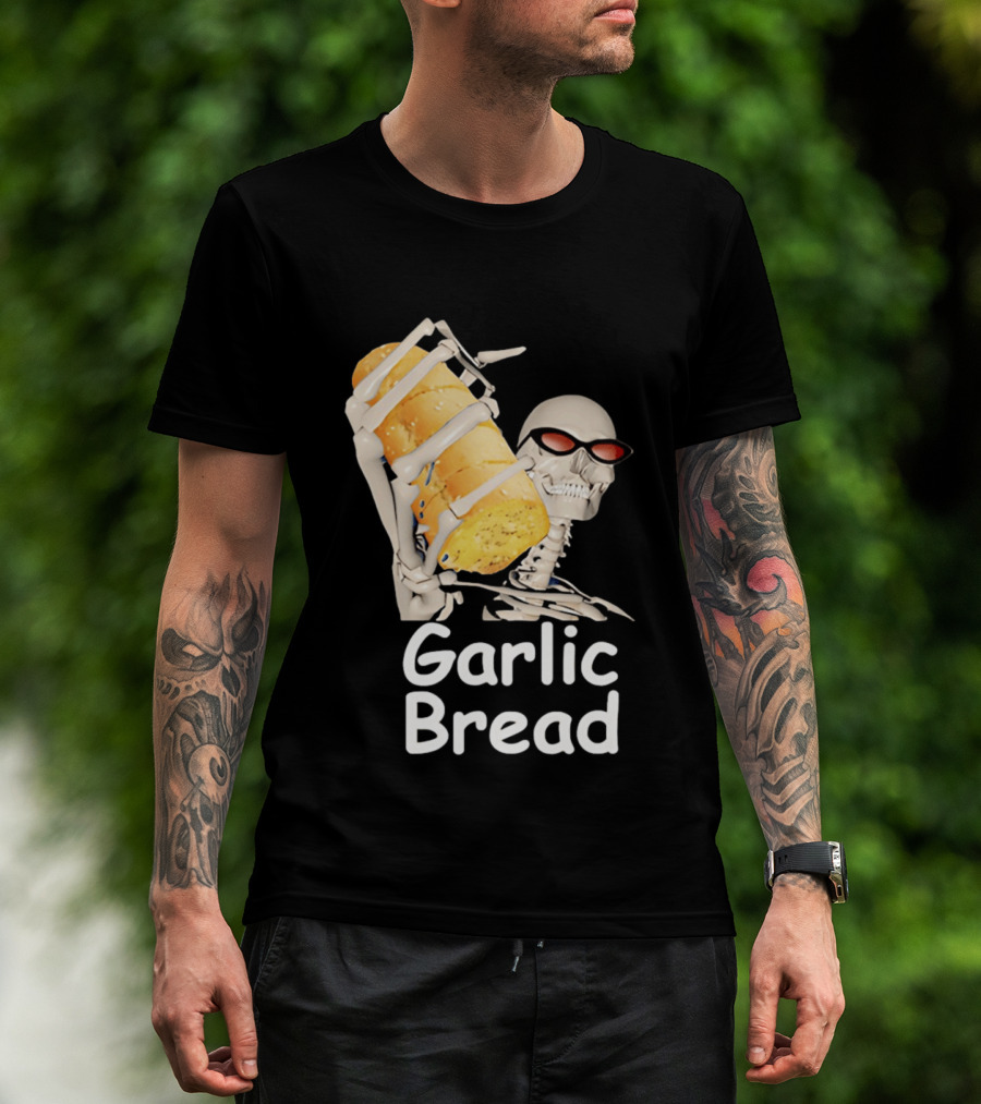 Skeleton Holding Baguette Garlic Bread Wearing Sunglasses T-Shirt