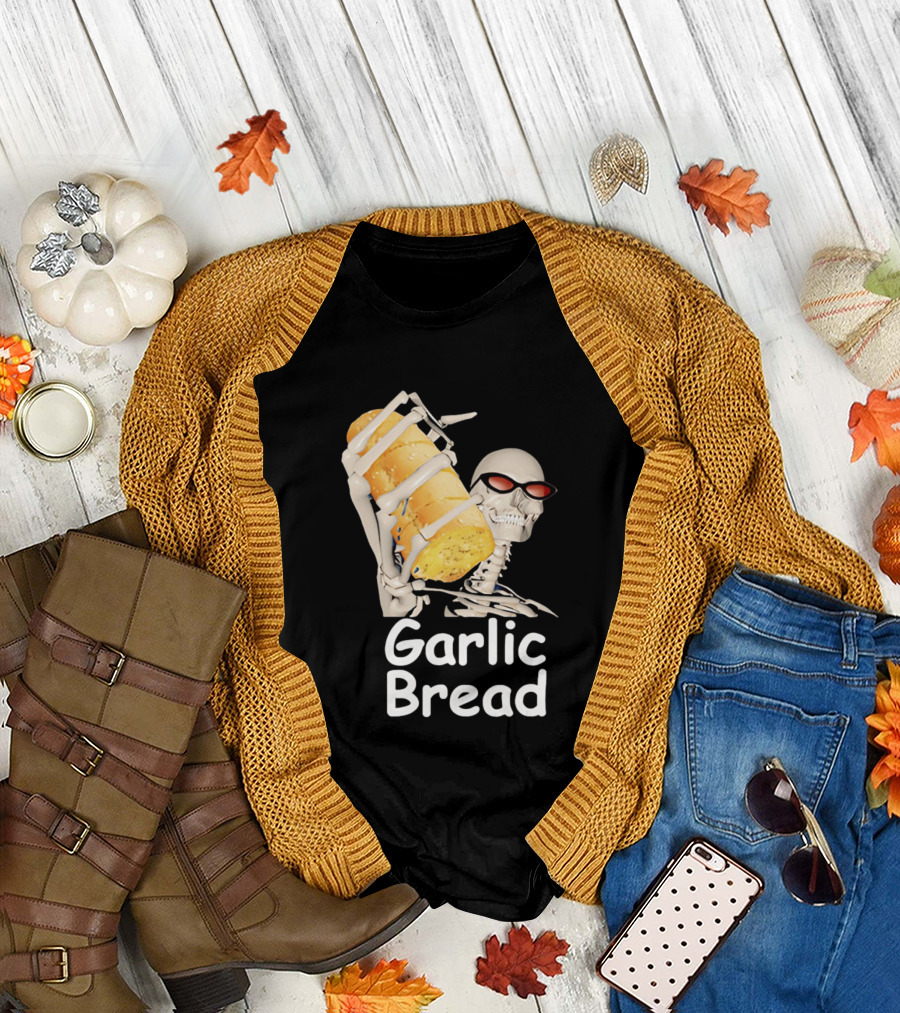 Skeleton Holding Baguette Garlic Bread Wearing Sunglasses T-Shirt