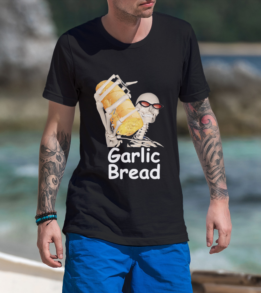 Skeleton Holding Baguette Garlic Bread Wearing Sunglasses T-Shirt
