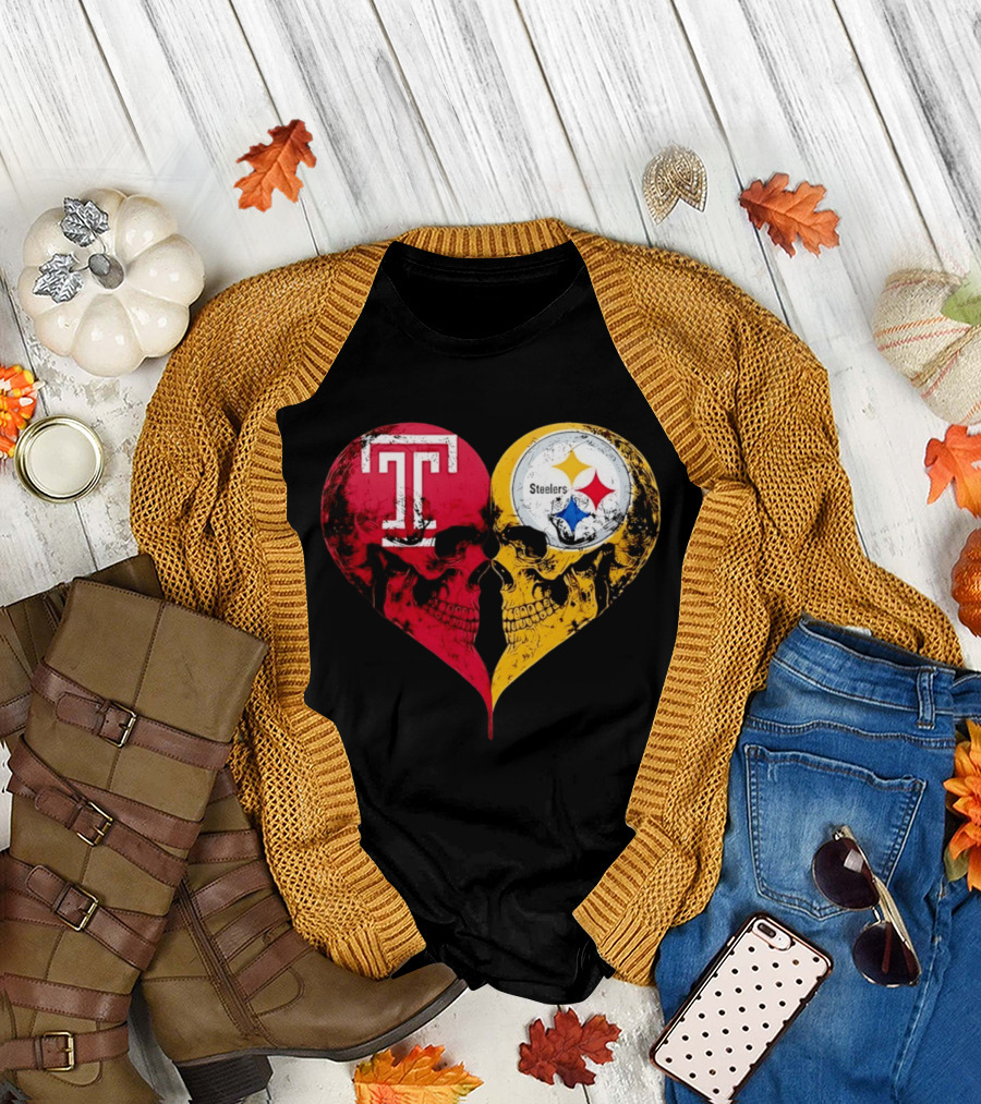 Temple Owls Pittsburgh Steelers Skulls Heart Shape Distressed T-Shirt