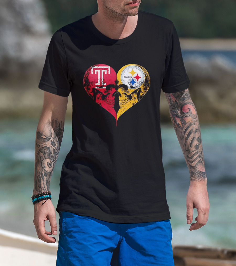 Temple Owls Pittsburgh Steelers Skulls Heart Shape Distressed T-Shirt