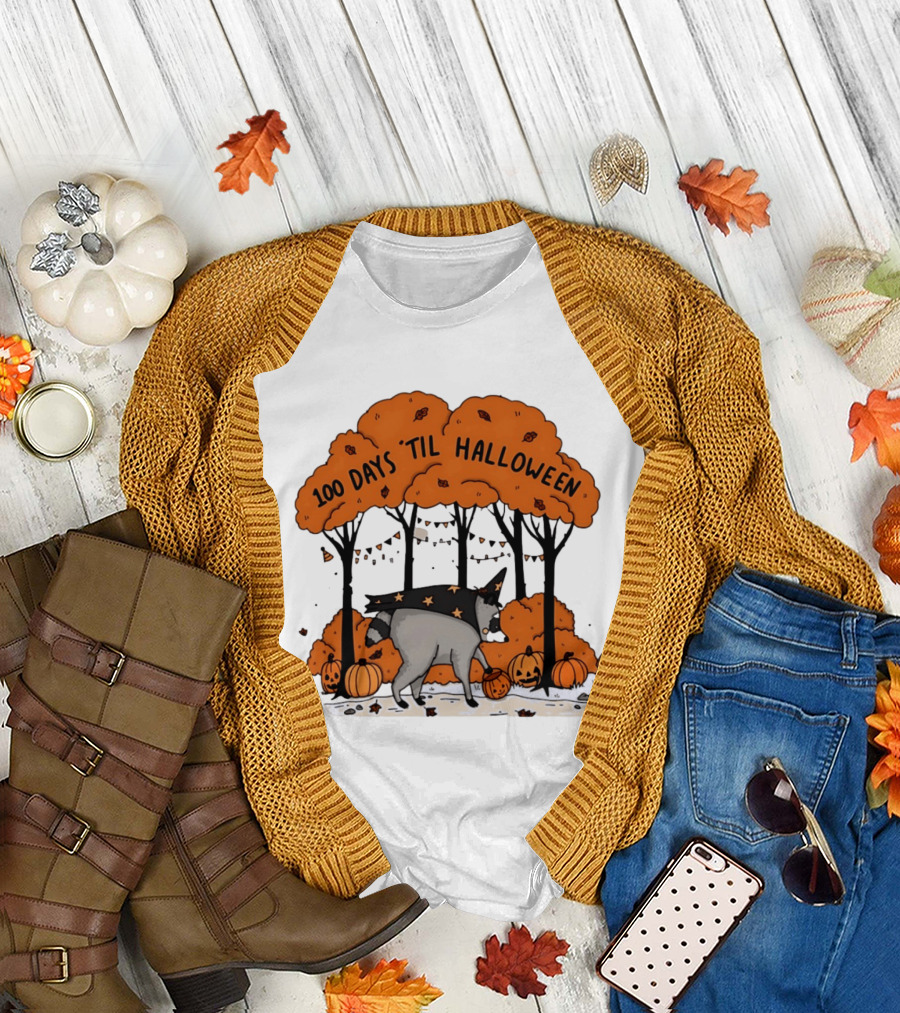 100 Days 'til Halloween Raccoon Wizard Costume In Pumpkin Patch Forest T-Shirt