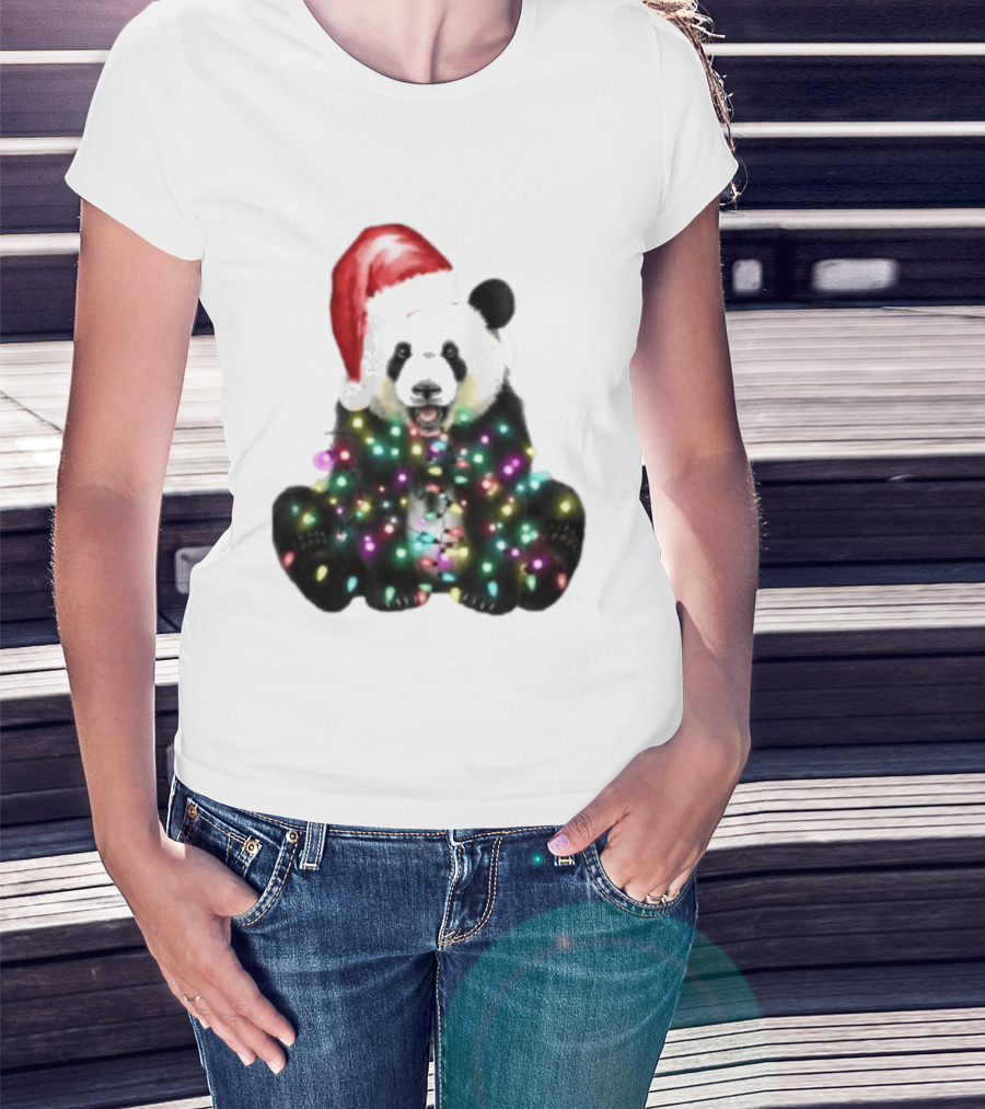 Panda With Christmas Lights And Santa Hat Holiday Animals T-Shirt
