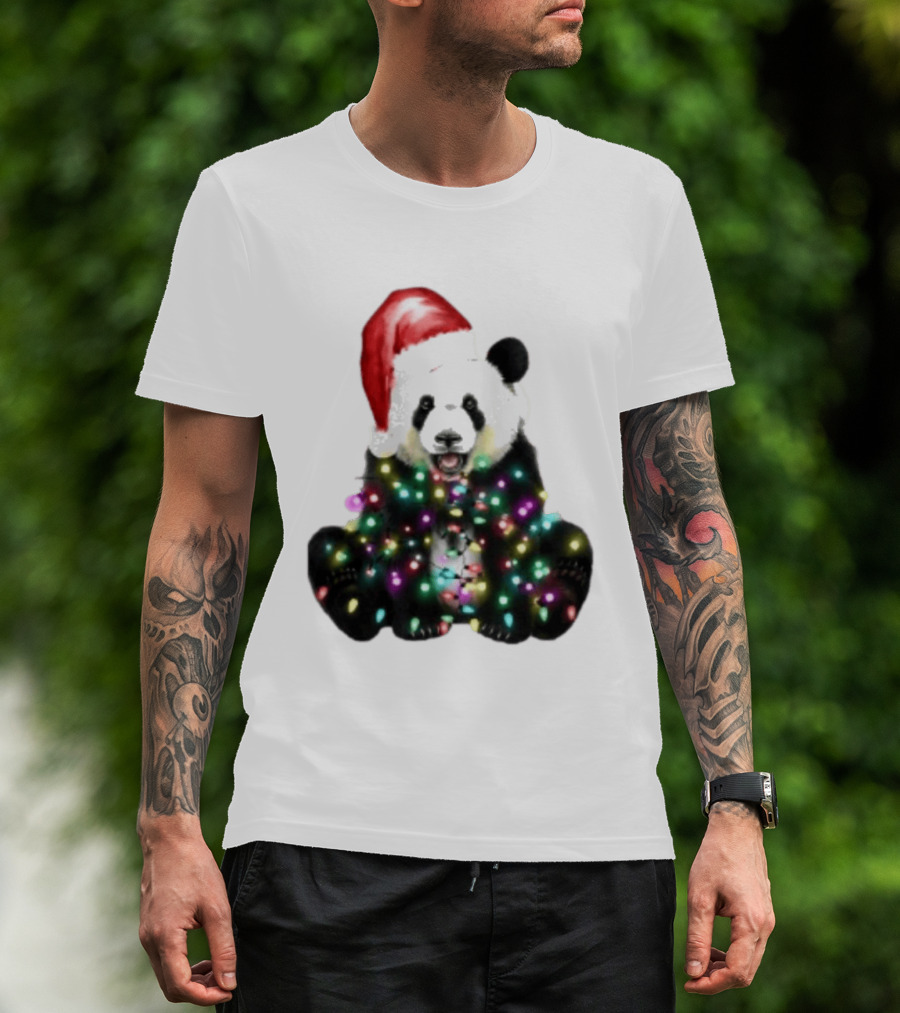 Panda With Christmas Lights And Santa Hat Holiday Animals T-Shirt