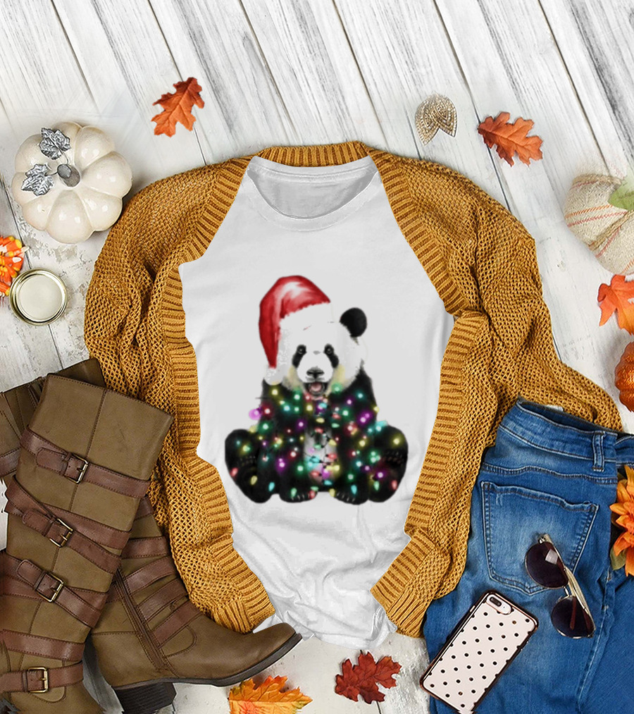 Panda With Christmas Lights And Santa Hat Holiday Animals T-Shirt
