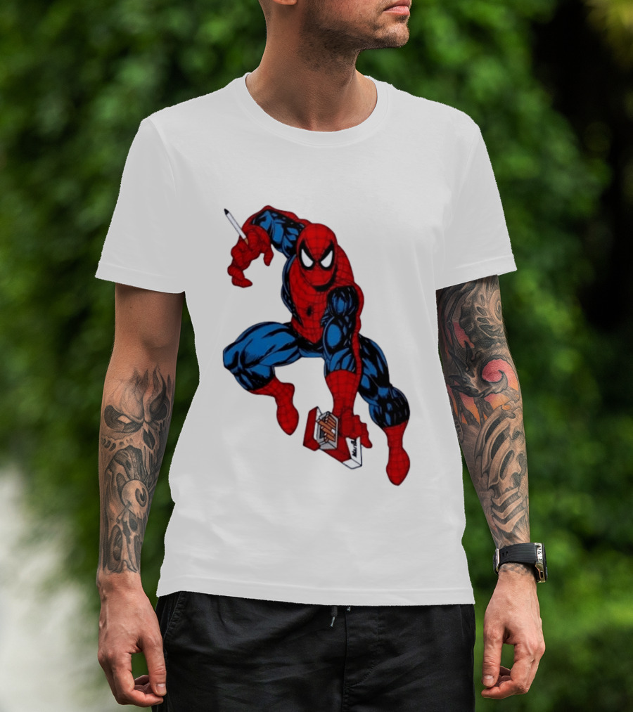 Marlboro Spider Man Crouching Holding Cigarette Packcartoon T-Shirt