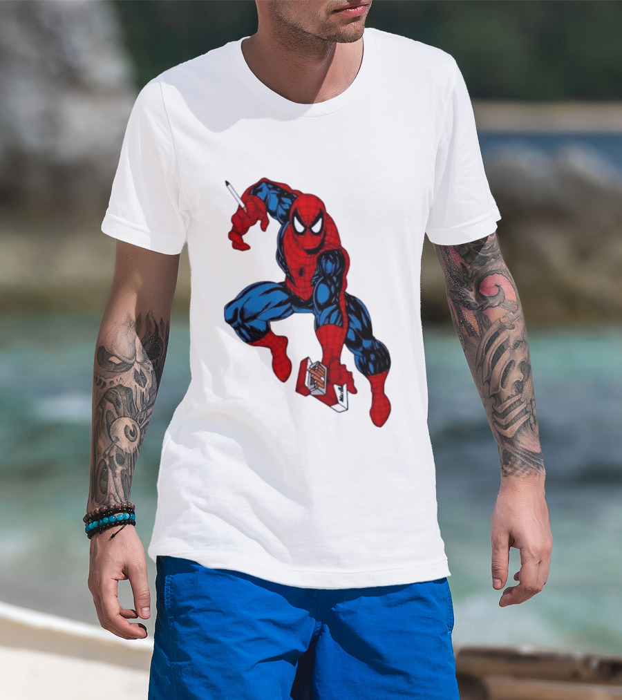 Marlboro Spider Man Crouching Holding Cigarette Packcartoon T-Shirt