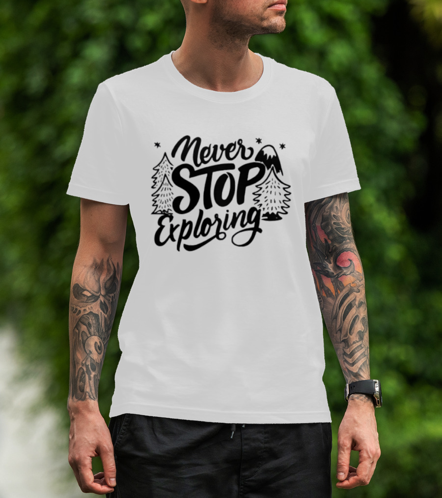 Never Stop Exploring Pine Trees Snowy Mountain Peak Stars T-Shirt