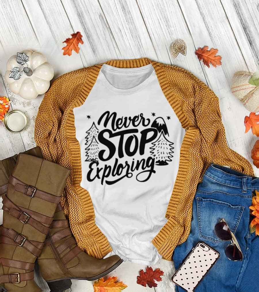 Never Stop Exploring Pine Trees Snowy Mountain Peak Stars T-Shirt