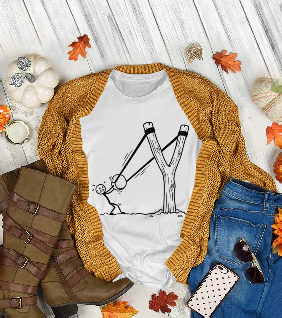 Stick Figure Slingshot Cartoon Pulling Back T-Shirt