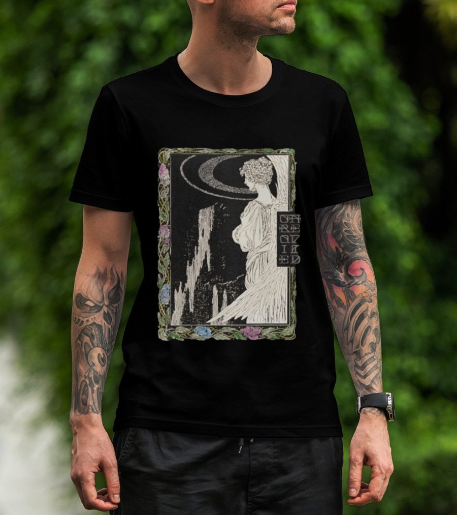 Angel Nouveau Unraveled Floral Frame Illustrative Art Winged Celestial Figure T-Shirt