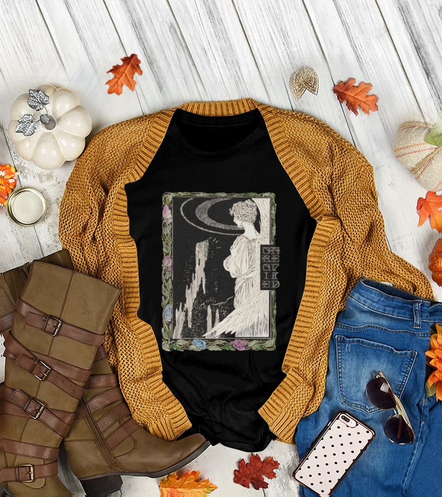 Angel Nouveau Unraveled Floral Frame Illustrative Art Winged Celestial Figure T-Shirt
