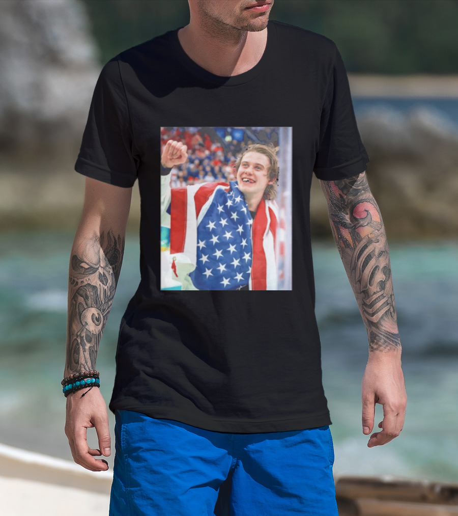 Jack Hughes USA Hockey World Champs 2026 Victory Celebration American Flag T-Shirt