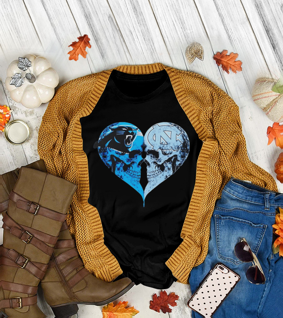 Carolina Panthers North Carolina Tar Heels Skulls Face To Face Heart Shape T-Shirt