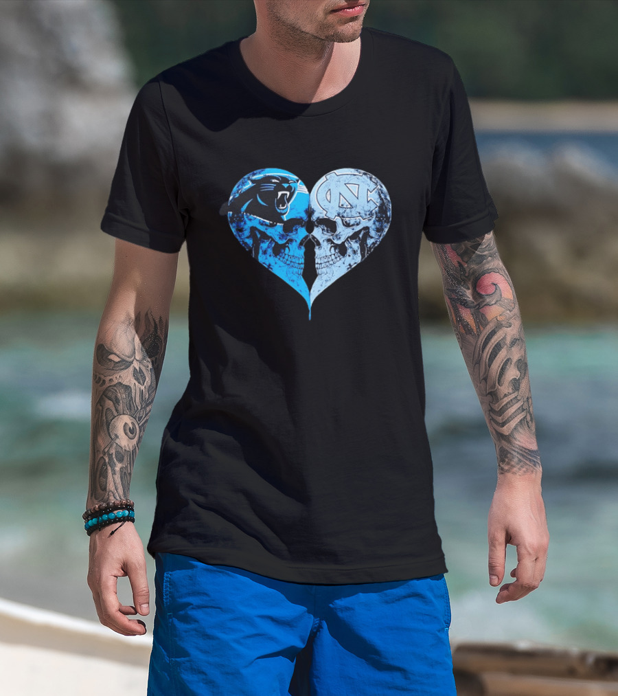 Carolina Panthers North Carolina Tar Heels Skulls Face To Face Heart Shape T-Shirt