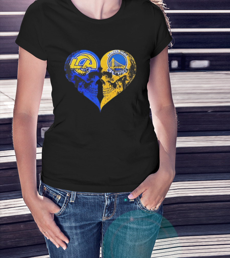 Los Angeles Rams Golden State Warriors Heart Shaped Skulls Distressed T-Shirt