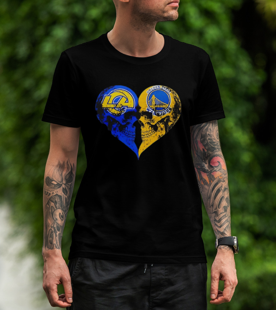 Los Angeles Rams Golden State Warriors Heart Shaped Skulls Distressed T-Shirt