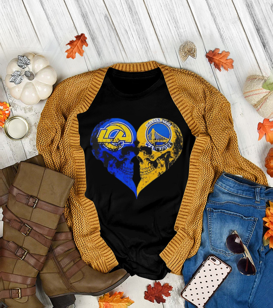 Los Angeles Rams Golden State Warriors Heart Shaped Skulls Distressed T-Shirt