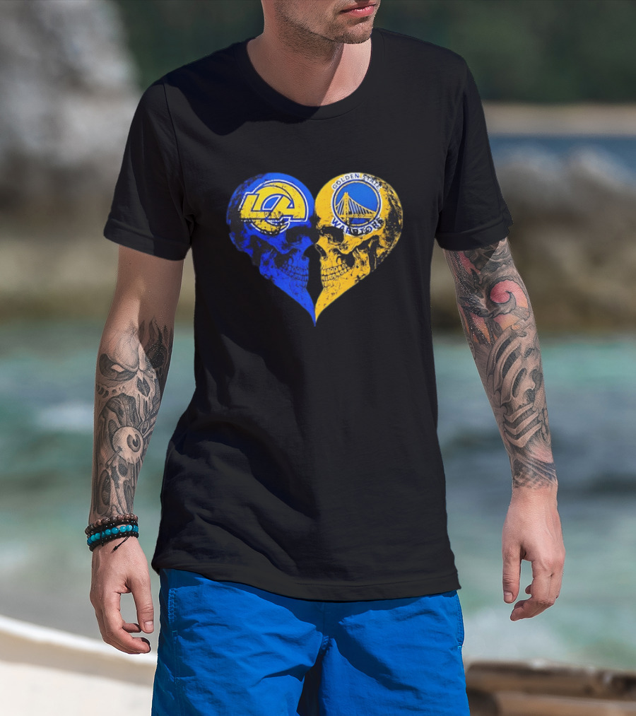 Los Angeles Rams Golden State Warriors Heart Shaped Skulls Distressed T-Shirt
