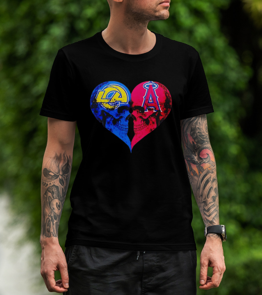 Los Angeles Rams Vs Los Angeles Angels Skulls Heart Face To Face Distressed T-Shirt