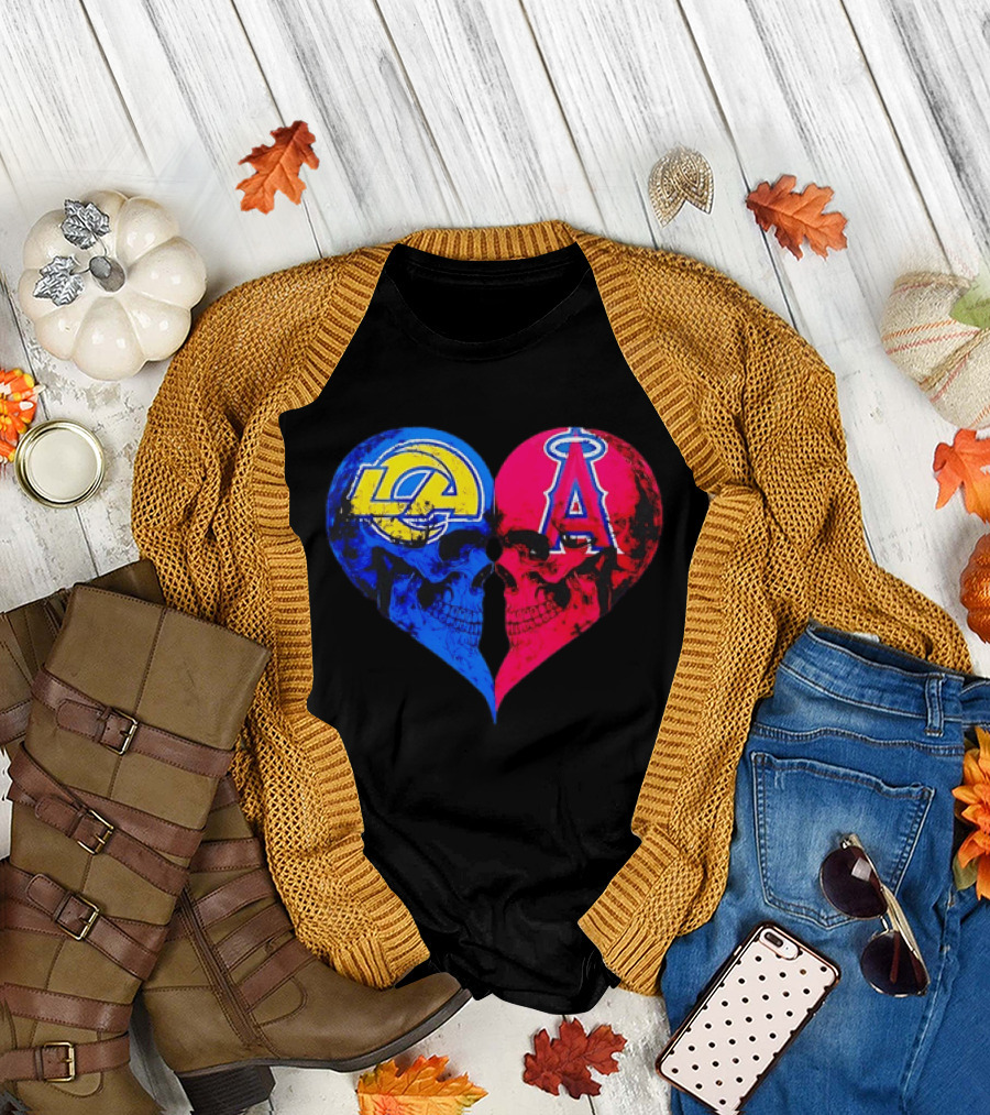 Los Angeles Rams Vs Los Angeles Angels Skulls Heart Face To Face Distressed T-Shirt