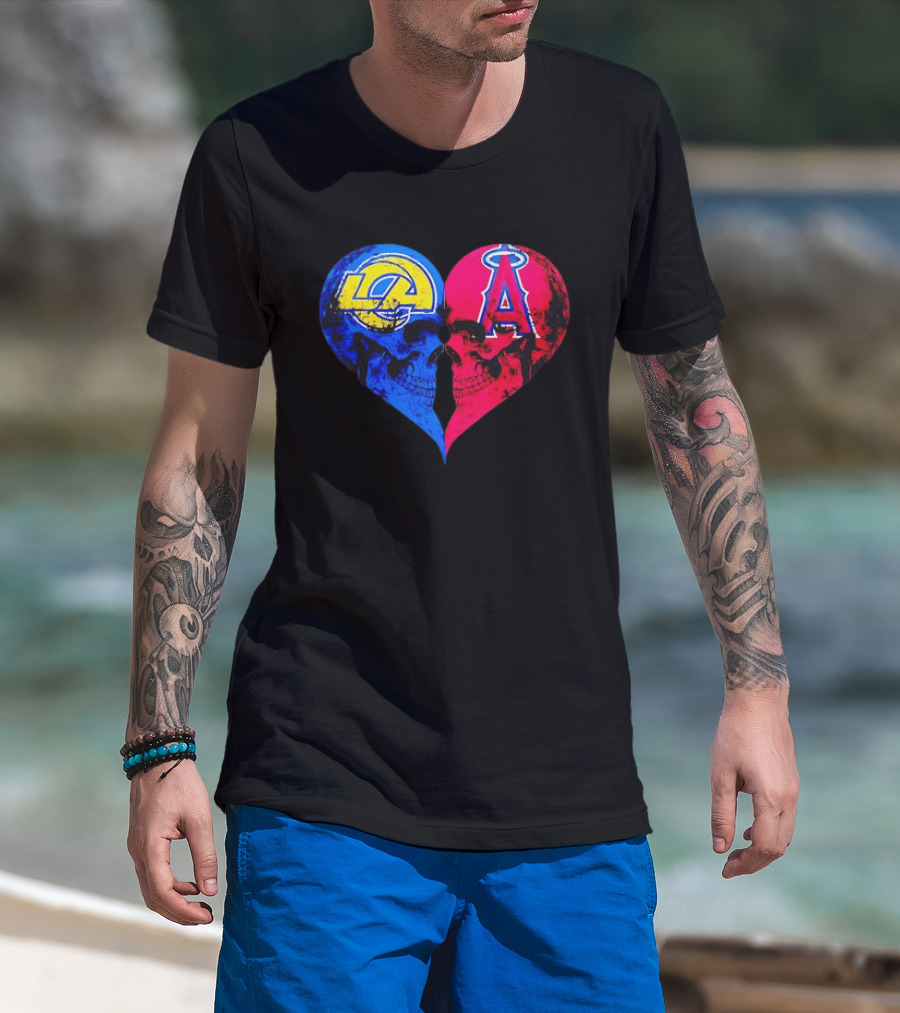 Los Angeles Rams Vs Los Angeles Angels Skulls Heart Face To Face Distressed T-Shirt