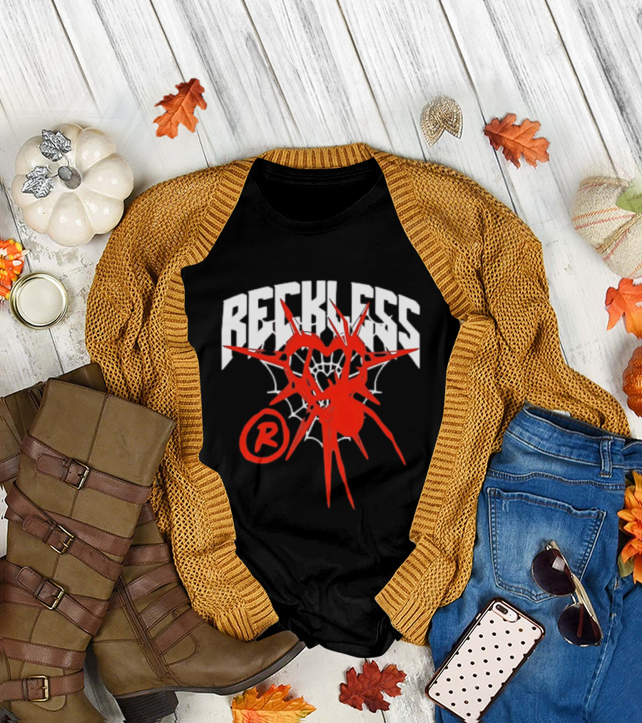 Reckless Web Heart With Spiky Red Symbol And R T-Shirt