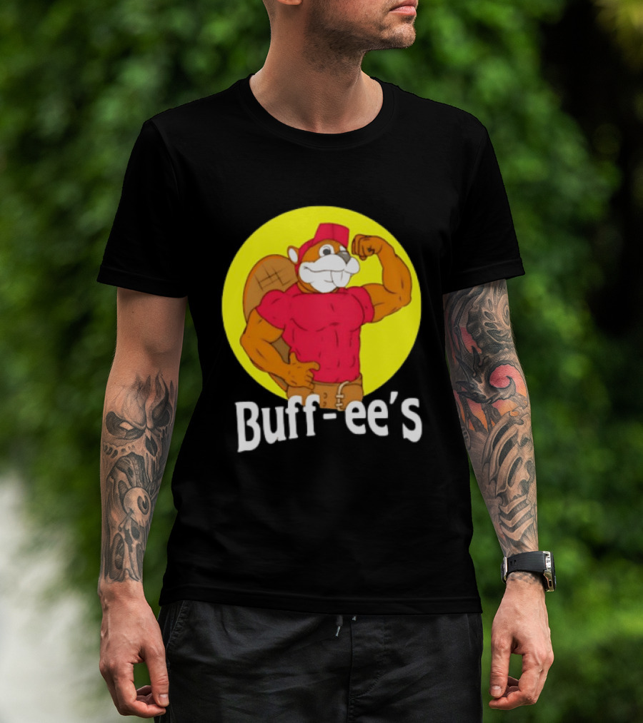Buff Ee's Strong Muscular Beaver Character In Red Outfit T-Shirt