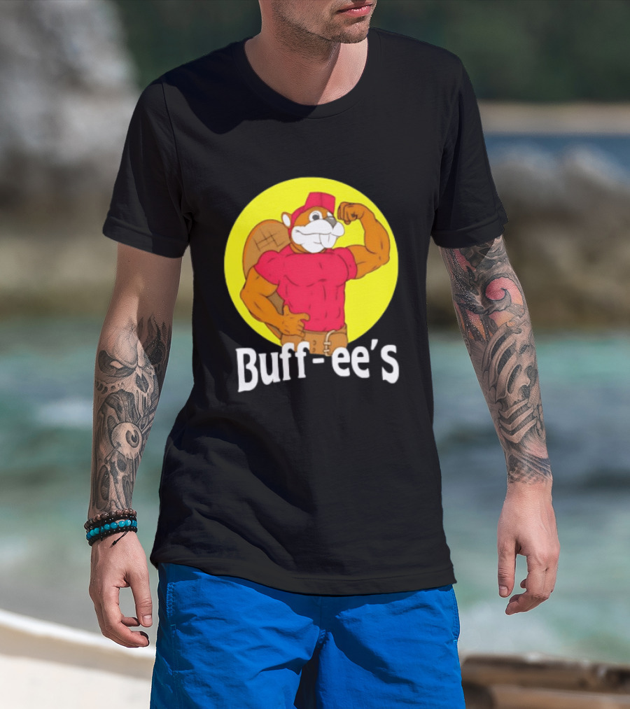 Buff Ee's Strong Muscular Beaver Character In Red Outfit T-Shirt