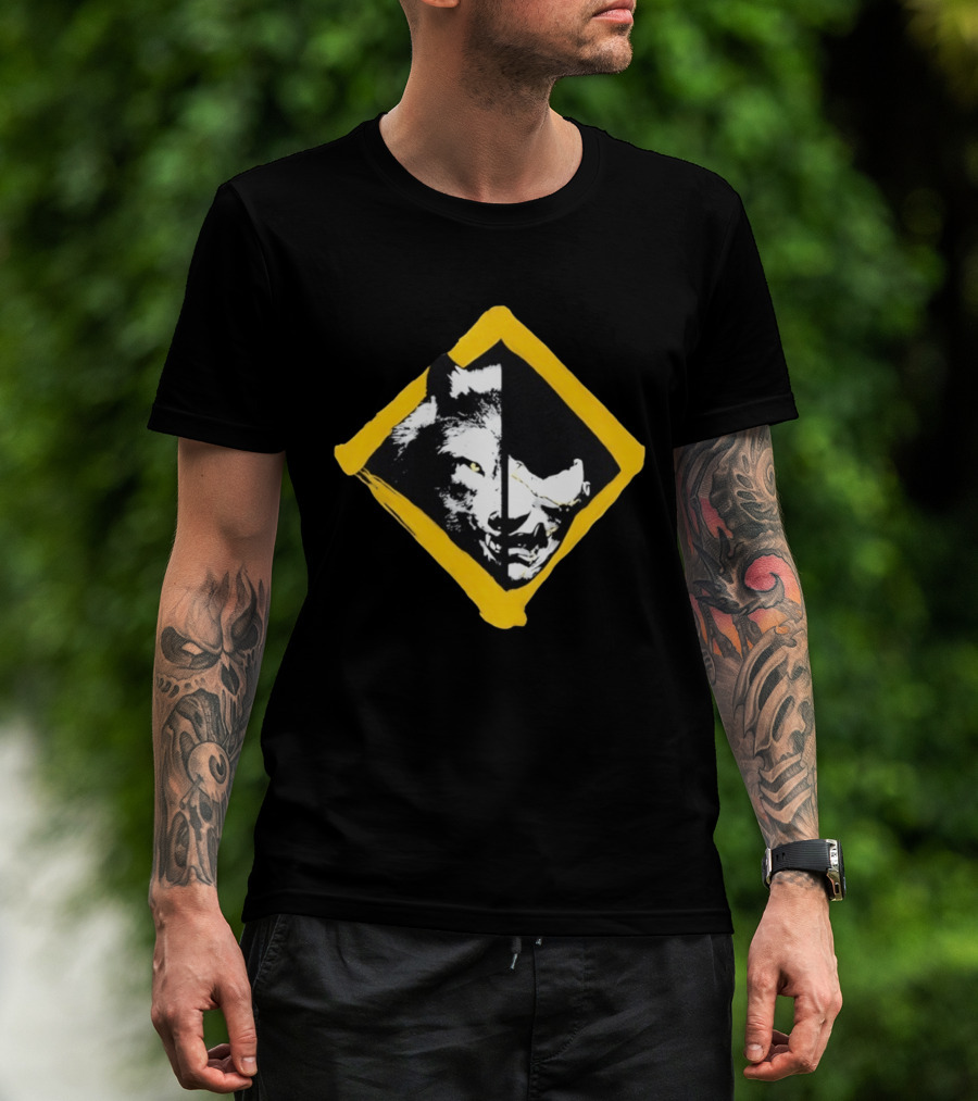 Wolf And Boar Split Face Diamond Yellow Border T-Shirt