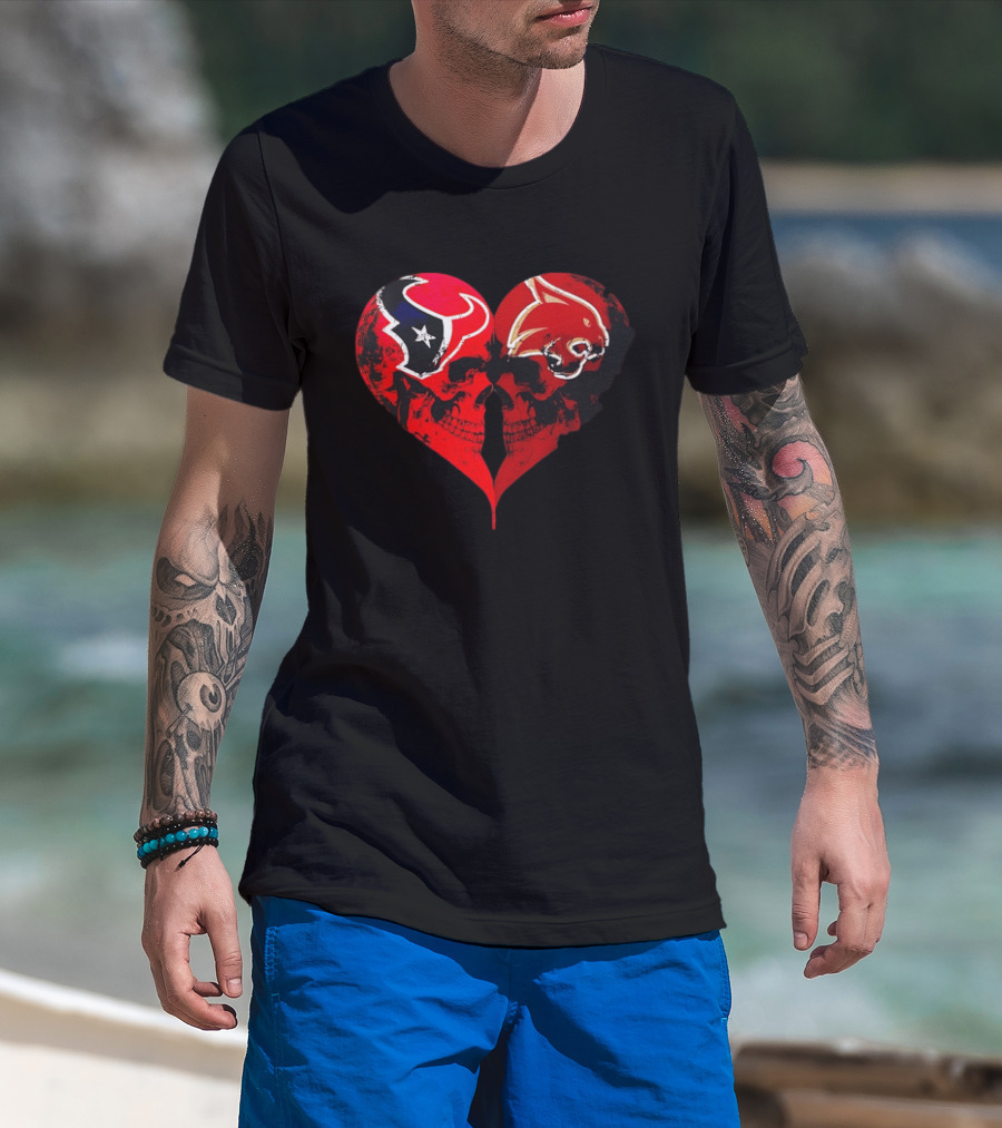 Houston Texans And Tampa Bay Buccaneers Skulls Heart Shape Distressed T-Shirt