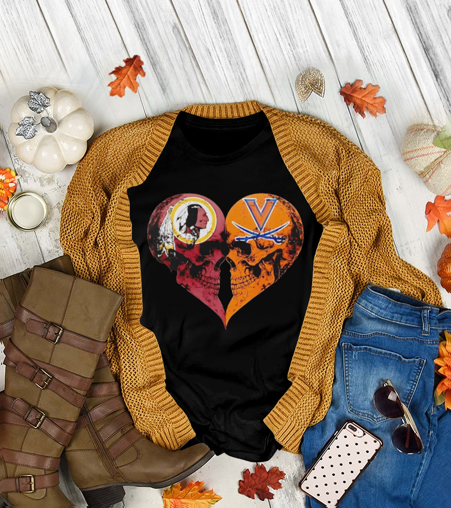 Washington Redskins Virginia Cavaliers Skulls Face To Face Heart Shape Distressed T-Shirt