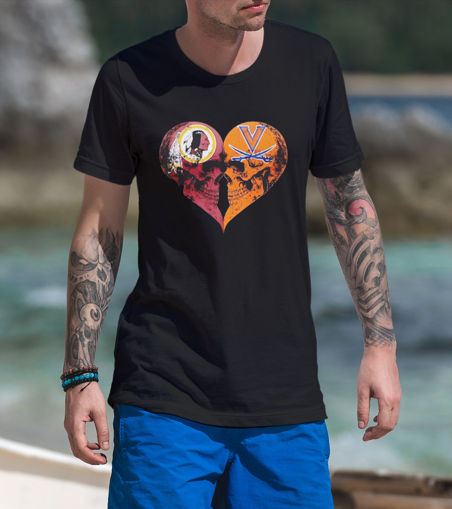 Washington Redskins Virginia Cavaliers Skulls Face To Face Heart Shape Distressed T-Shirt