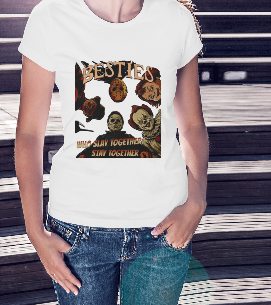 BESTIES Horror Movie Characters Mask Iconic Slayers Pennywise Knife Doll Together T-Shirt
