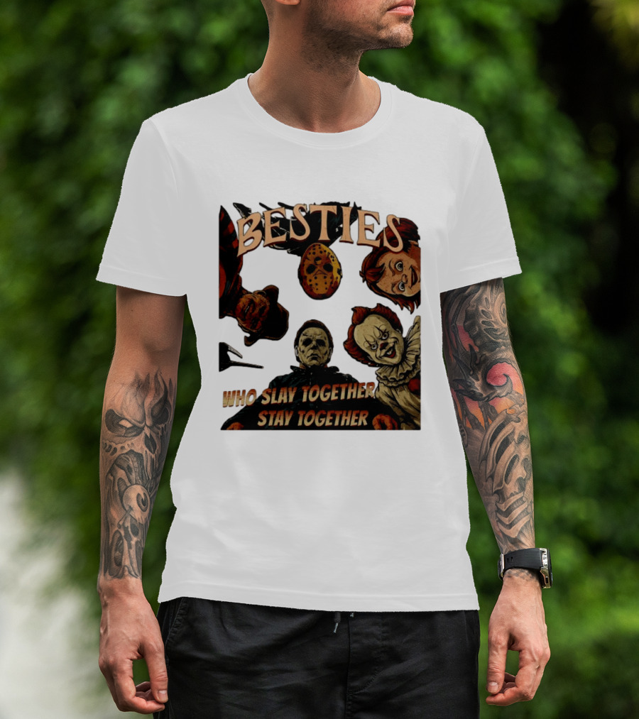 BESTIES Horror Movie Characters Mask Iconic Slayers Pennywise Knife Doll Together T-Shirt