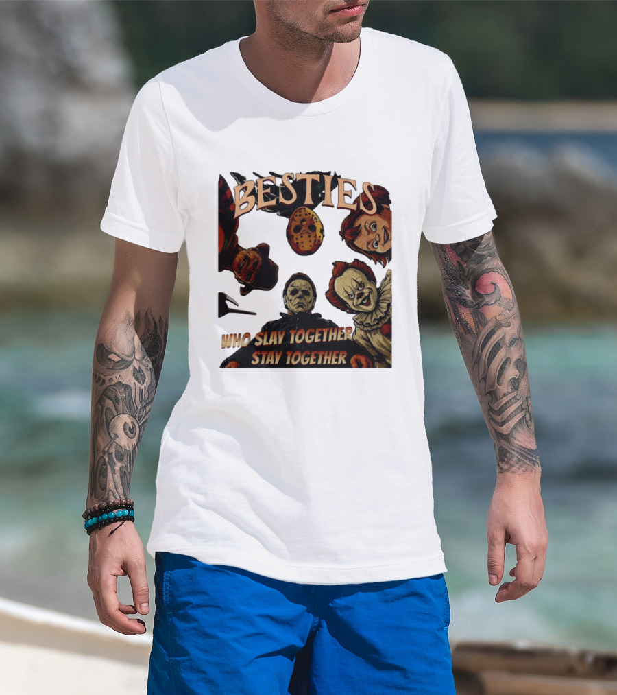 BESTIES Horror Movie Characters Mask Iconic Slayers Pennywise Knife Doll Together T-Shirt