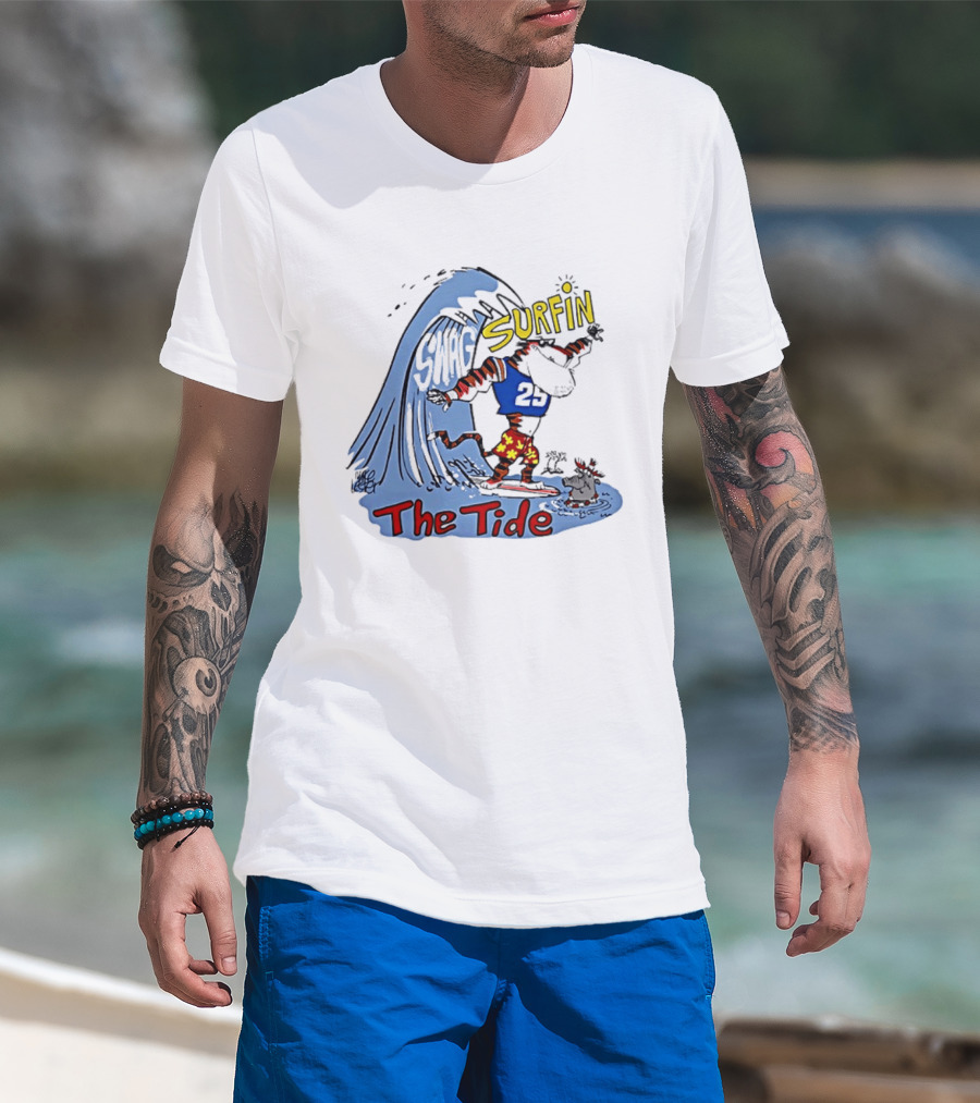 Classic Alabama Gameday Surfin The Tide Tiger In Red Flower Shorts Riding Wave T-Shirt