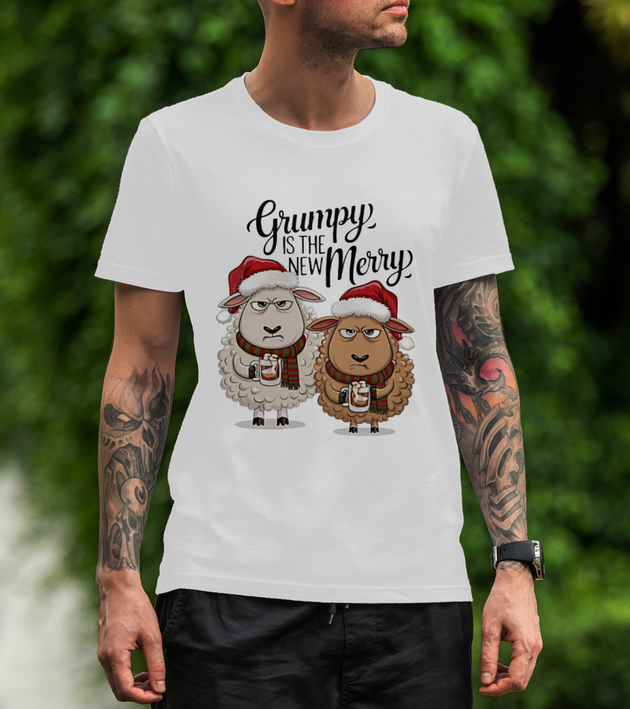 Grumpy Is The New Merry Christmas Sheep Santa Hat Holiday Humor T-Shirt