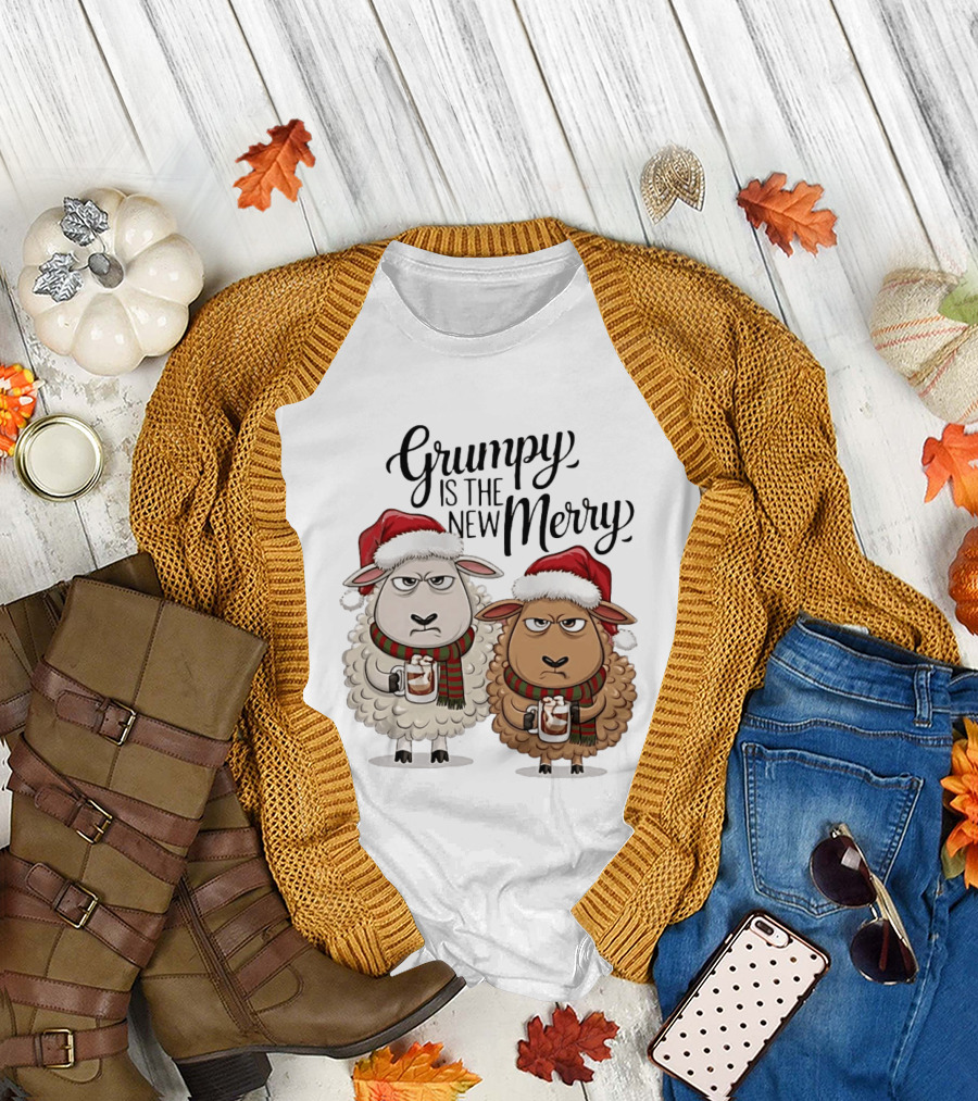 Grumpy Is The New Merry Christmas Sheep Santa Hat Holiday Humor T-Shirt