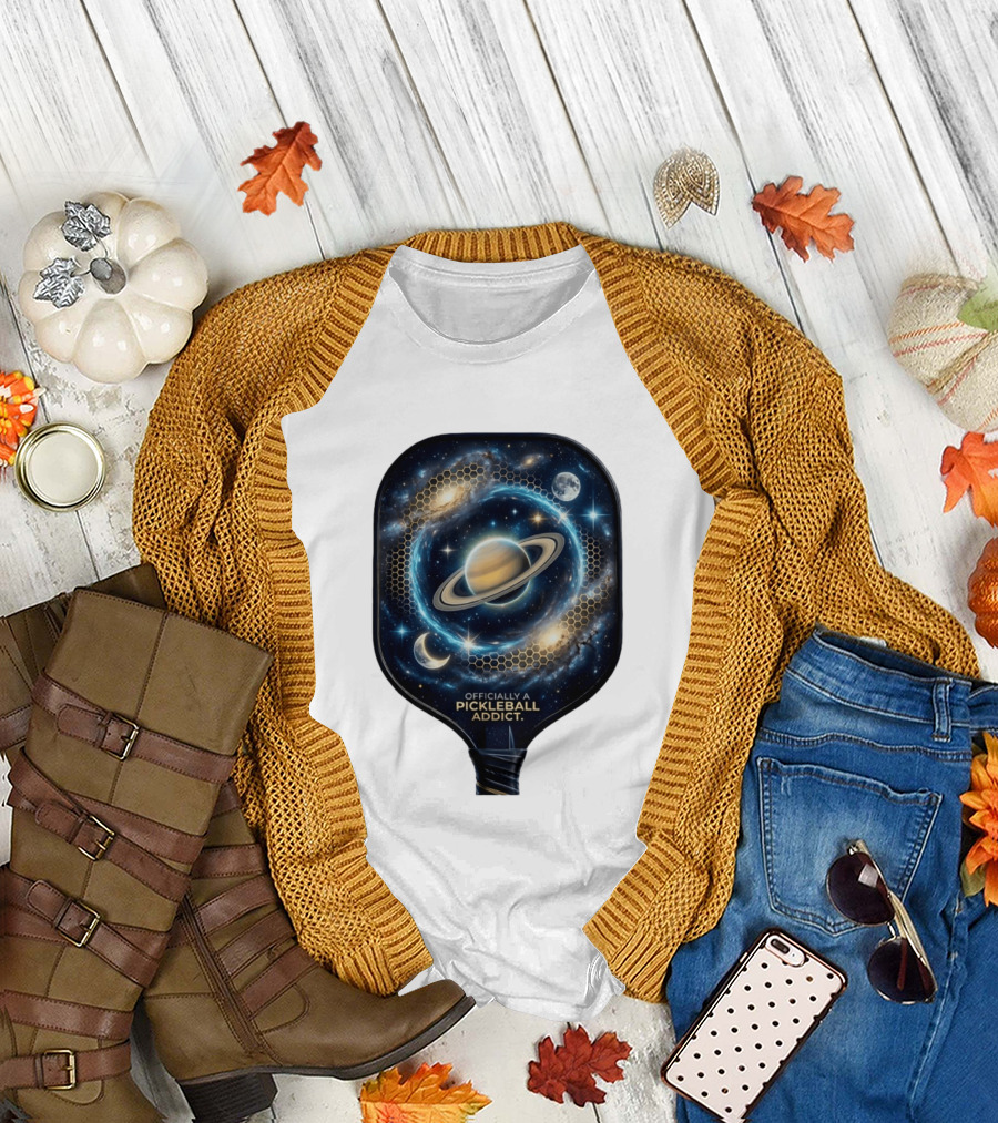 Officially A Pickleball Addict Galaxy Space Planets Saturn Stars T-Shirt