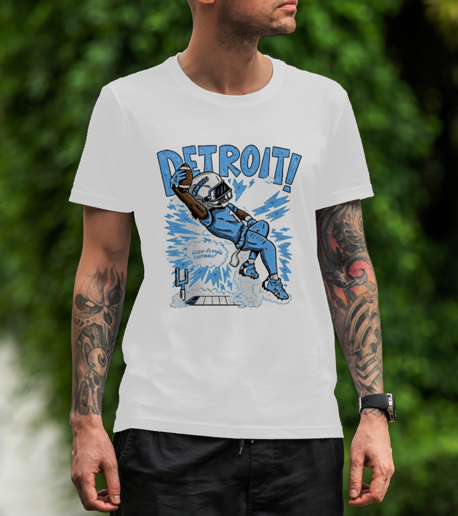 Detroit Lions High Flying Football Dynamic Catch Comic T-Shirt