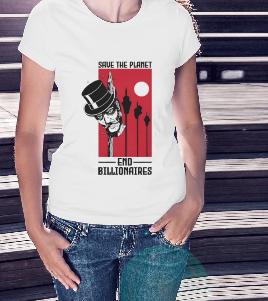 Original Save The Planet End Billionaires Top Hat Monopoly Man Red Sun T-Shirt