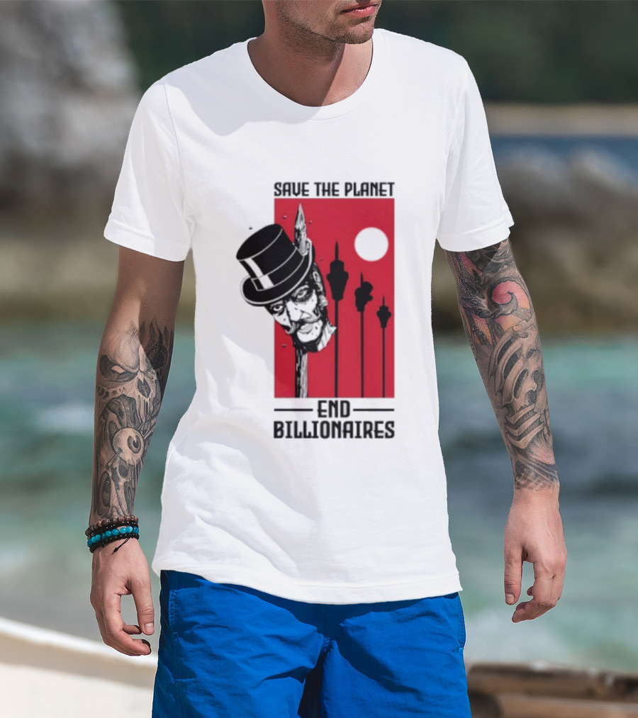 Original Save The Planet End Billionaires Top Hat Monopoly Man Red Sun T-Shirt