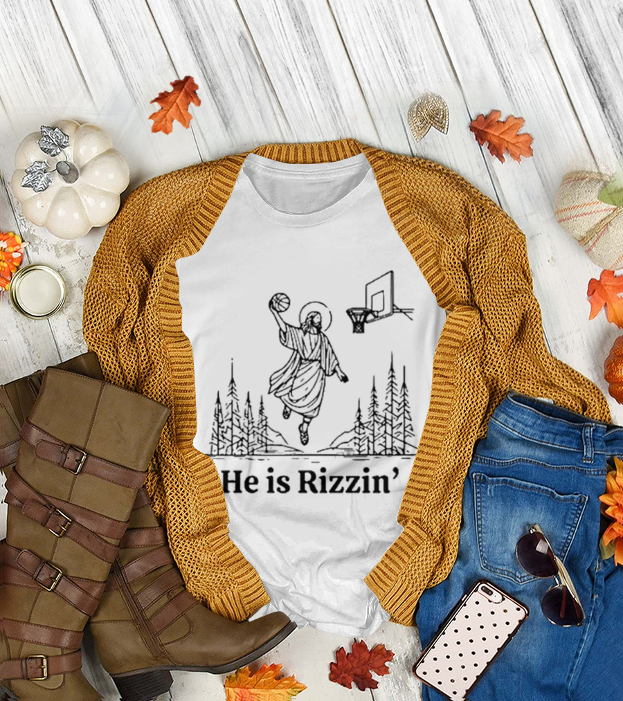 He Is Rizzin Basketball Angel Easter Forest Scene T-Shirt