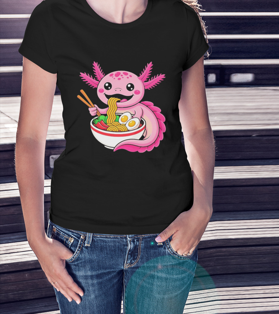 Axolotl Eating Ramen Kawaii Style With Chopsticks And Eggs T-Shirt