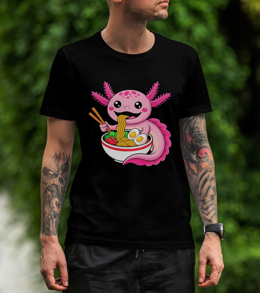 Axolotl Eating Ramen Kawaii Style With Chopsticks And Eggs T-Shirt